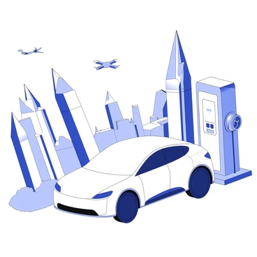 An electric car charging at a futuristic charging station in a high-tech city