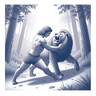 A muscular figure named "Samson" is engaged in a fierce struggle with a large lion. Samson has a dramatic stance, with his arms wrapped around the lion's neck. The lion has its powerful body arched in resistance, showing its sharp teeth and fierce eyes. Surrounding them is a dense forest with towering trees and thick foliage, creating a sense of urgency in the environment. Sunlight filters through the leaves, casting dappled shadows on the ground, where tufts of grass and fallen leaves can be seen. Both Samson and the lion are depicted in a moment of intense action, highlighting their strength and determination.