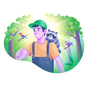 A wildlife refuge worker wearing a green cap and a khaki shirt is walking through a sunlit forest. The worker has a small, fluffy raccoon perched comfortably on their shoulder. The worker has a gentle smile and is looking ahead, while the raccoon seems curious, its eyes wide open. Surrounding them are lush green trees with dappled sunlight filtering through the leaves, creating a warm and inviting atmosphere. In the background, a few colorful birds can be seen perched on branches.