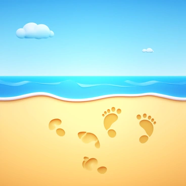 A sandy beach floor with light golden sand. Footprints are imprinted on the surface, leading toward gentle ocean waves. The waves are crashing softly against the shore, creating a foamy white edge. The sky above is clear and blue, with a few fluffy white clouds scattered. The sunlight casts a warm glow on the scene, highlighting the texture of the sand and the motion of the waves.