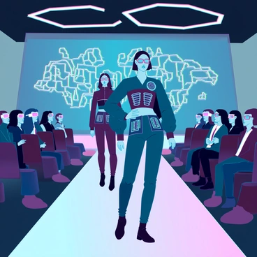 A futuristic fashion show taking place in a sleek, modern venue. The runway is illuminated with bright LED lights, highlighting the latest in "wearable technology" and "smart fabrics." Models are walking down the catwalk, showcasing garments that incorporate LED displays and responsive materials. Each outfit has intricate patterns that change color and shape dynamically. The audience is filled with fashion enthusiasts, wearing augmented reality glasses to enhance their viewing experience. A large screen displays close-ups of the clothing, focusing on details like embedded sensors and innovative textures.