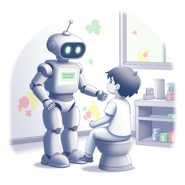 A futuristic robot stands beside a child, offering support during potty training. The robot has a sleek, metallic body with rounded edges, equipped with various sensors and a friendly display screen that shows encouraging messages. The child, sitting on a small potty, looks up at the robot with a curious expression. The room is bright, featuring colorful wall decals and a neatly arranged assortment of toys in the background. A small window allows natural light to illuminate the scene. The atmosphere conveys a sense of learning and companionship as the robot assists in this developmental milestone.