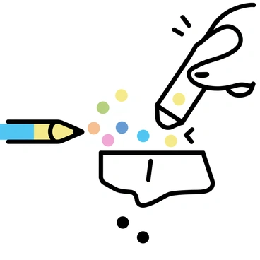 A close-up of a hand holding a colored pencil, positioned at an angle against a sharpener. The fingers are gripping the pencil firmly while twisting it into the sharpener. Brightly colored shavings are cascading down from the sharpener, with various colors visible among the shavings. The background is softly blurred to emphasize the action of sharpening the pencil.