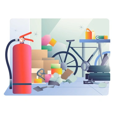 A bright red fire extinguisher is prominently positioned against a wall in a cluttered home garage. The extinguisher features a metal nozzle and a pressure gauge that indicates it is fully charged. Surrounding it are various items, including overflowing cardboard boxes, a dusty bicycle leaning against the wall, and a pile of tools scattered on a workbench. A set of gardening supplies, including a spade and a watering can, is visible in one corner, and a set of tires is stacked beside the wall. The garage has concrete floors, and scattered cobwebs can be seen in the corners, adding to the lived-in appearance of the space.