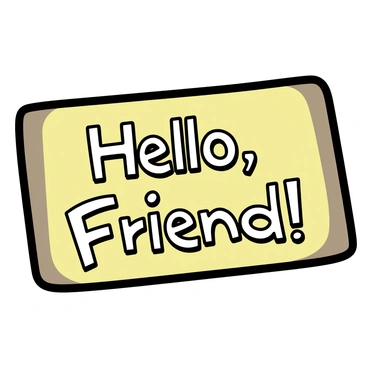 A rectangular welcome mat, with a textured surface, positioned on a wooden floor. The mat features a warm color palette of browns and yellows. The phrase "Hello, Friend!" is displayed prominently in whimsical, playful lettering, centered on the mat. The lettering is in white, contrasting against the background, with each letter having slight variations in size and style to enhance the whimsical effect.