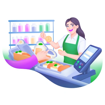 A modern pastel illustration depicting a friendly cashier with a warm smile, standing behind a checkout counter. The cashier is handing a handful of coins to a customer, whose hand is reaching out to receive the change. The checkout counter is adorned with various colorful items for sale, such as snacks and drinks. A register is visible, displaying a bright digital screen. In the background, there are shelves stocked with products, creating a lively shopping atmosphere.
