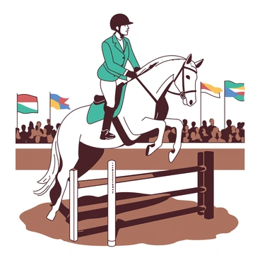 A teal equestrian in a fitted riding jacket is sitting atop a striking white horse. The horse has its front legs raised, soaring gracefully over a wooden hurdle. The rider's helmet is shiny, reflecting the sunlight, and their focused expression shows determination. In the background, there is a blurred crowd watching the competition, and colorful banners are flapping in the breeze. The ground is a rich brown, indicating the outdoor arena where the event is taking place.