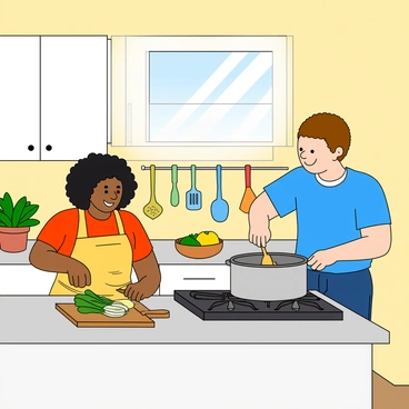 Two friends are working together in a bright kitchen. One friend, a young woman with curly black hair and wearing a yellow apron, is chopping vegetables on a wooden cutting board. The other friend, a young man with short brown hair and a blue t-shirt, is stirring a pot on the stove. Sunlight streams in through a large window, illuminating the white cabinets and colorful kitchen utensils hanging on the wall. A bowl of fresh fruits sits on the counter, and a small potted plant is placed near the sink, adding a touch of greenery to the scene. Both friends are smiling and engaged in their cooking, creating a cheerful atmosphere.