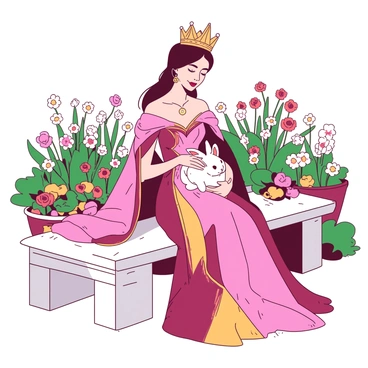 A regal queen wearing an ornate gown with intricate designs is seated gracefully on a white stone bench in a vibrant garden filled with blooming flowers. The gown is flowing elegantly around her, showcasing rich textures and colors. She is gently petting a small, fluffy white bunny that is nestled comfortably in her lap, its ears perked up in relaxation. Surrounding them are lush greenery and colorful flower beds, creating a serene ambiance in the garden. The queen has a soft smile on her face, reflecting her affection for the small animal.