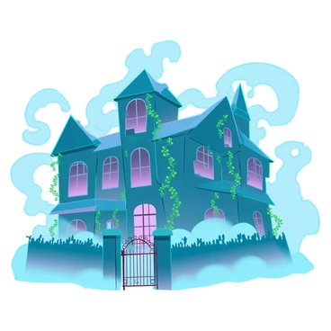 An abandoned mansion with crumbling walls and broken windows, partially obscured by thick, swirling fog. The structure is covered in overgrown vines that snake up its sides, intertwining with the faded architectural details. Shadows cast by the fading light create an eerie atmosphere around the estate, while the fog swirls around the property, giving it a mysterious, otherworldly appearance. A rusted gate leads to the entrance, barely visible through the dense foliage.