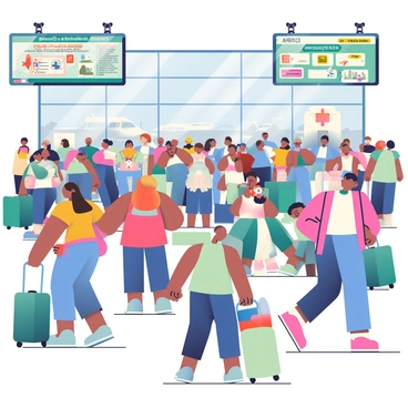 Busy airport scene with a sea of travelers pulling their luggage in all directions