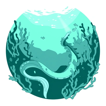 A teal mythical sea dragon is weaving gracefully through a dense kelp forest. The dragon's scales shimmer with hints of white, reflecting the light that filters down from the surface. Its long, flowing fins blend seamlessly with the surrounding kelp, creating an illusion of movement and fluidity. Sunlight pierces through the water above, illuminating the vibrant green of the kelp and casting playful shadows around the dragon. Small fish dart in and out of the seaweed, complementing the enchanting atmosphere of the underwater scene.