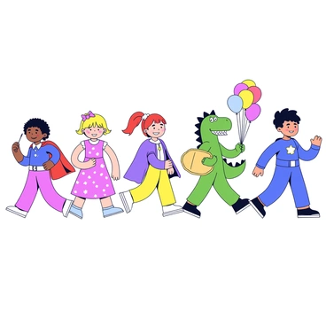 A group of children marching in a line during a preschool dress-up day. Each child is wearing a different colorful costume, including a superhero outfit with a red cape, a princess dress adorned with sparkles, and a dinosaur suit with scales. Some children are holding props, such as wands and shields. The setting includes a bright, cheerful classroom decorated with balloons and streamers. The children are smiling and excited, showcasing their costumes proudly.