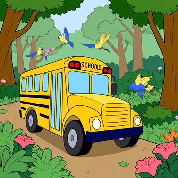 A colorful school bus with bright yellow paint and large windows is navigating through a dense, lush rainforest. The bus has whimsical features, such as oversized wheels and a friendly face on the front. Surrounding the bus are tall, green trees with thick trunks and vibrant leaves, creating a canopy overhead. Exotic birds with vivid plumage—such as bright blue macaws and yellow canaries—are flying through the air, perched on branches, and interacting with one another. Some birds are flapping their wings in mid-flight, while others are curiously peeking at the bus from the foliage. The scene is filled with a variety of colorful flowers and large leaves scattered along the forest floor.