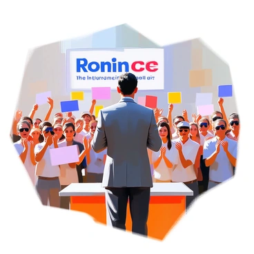 A political candidate with medium skin tone and short black hair is standing confidently on a stage, addressing an enthusiastic crowd during an election campaign. The candidate is wearing a tailored suit and gesturing with their hands to emphasize their points. Behind them, there is a large banner with the candidate's name and slogan prominently displayed in bold letters. The crowd, a diverse mix of individuals of various ages and backgrounds, is holding signs that support the candidate, some are cheering and others are clapping. The atmosphere is one of excitement and engagement as people listen attentively to the speech being delivered.