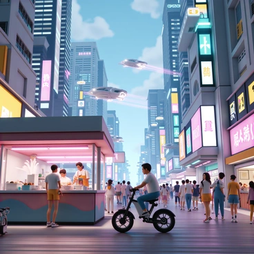 A vibrant cyberpunk cityscape filled with towering skyscrapers adorned with neon lights and holographic advertisements. The streets are bustling with diverse crowds, featuring people wearing futuristic clothing and augmented reality accessories. Below, flying cars zip through the sky, leaving trails of light behind them. In the foreground, a sleek electric bike is parked beside a food stall emitting steam, while a robotic vendor serves ramen to a customer. The atmosphere is alive with energy, showcasing a blend of high-tech and urban life.