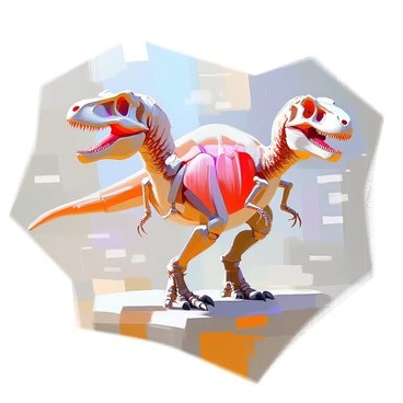 An anatomical study of a T-rex featuring a detailed view of its muscle and bone structure. The T-rex is presented in a dynamic pose that showcases its powerful limbs and massive skull. The bones of the skeleton are clearly visible, with a focus on the femur, humerus, and ribcage, highlighting the strong, robust nature of its build. Muscles are rendered in shades of red and pink, emphasizing the strength and size of the creature. The skin texture is depicted with scales and wrinkles, providing a realistic look at the dinosaur's exterior. Additional elements, such as labels for various anatomical features, are included to enhance the educational aspect of the diagram.