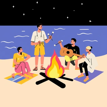 A group of four people gathered around a large, crackling bonfire on a sandy beach at night. The flames are bright orange and red, casting a warm glow on their faces. Two people are sitting on colorful beach towels, while another person is standing and roasting marshmallows on a long stick. The fourth person is playing an acoustic guitar, adding to the atmosphere. The night sky is filled with stars, and gentle waves are lapping at the shore in the background.