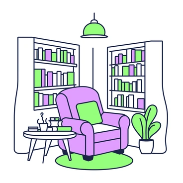 A quiet library corner features tall shelves filled with various books, their spines visible. In the center of the corner, there is a plush reading chair upholstered in a comfortable fabric. Next to the chair, a small wooden side table holds a stack of books and a steaming mug. A warm light from a hanging lamp above creates a cozy atmosphere. A nearby potted plant adds a touch of greenery to the scene. The floor has a soft rug beneath the chair, enhancing the peaceful ambiance of the library corner.