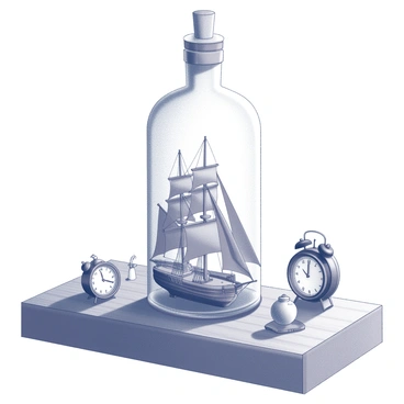 A detailed wooden ship model with intricately carved sails and rigging is encased inside a clear glass bottle. The bottle is positioned upright on a mantelpiece, showcasing the ship’s craftsmanship. The mantelpiece is made of polished wood, with visible grain patterns and a smooth finish. Surrounding the bottle, there are small decorative items like a vintage clock and a couple of nautical-themed ornaments, adding to the maritime ambiance of the scene. Soft shadows are cast, enhancing the three-dimensional appearance of the ship within the bottle.