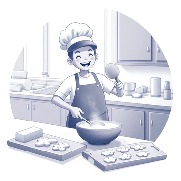 A slowboy is joyfully baking cookies in a bright kitchen. He is wearing an apron and a chef's hat, with a smile on his face. Flour dust is suspended in the air, creating a soft texture around him. The kitchen features wooden cabinets and a countertop cluttered with baking ingredients like sugar and butter. There is a mixing bowl in front of him, and he is stirring the batter with a wooden spoon. A tray filled with cookie dough shapes is placed nearby, ready to be baked.