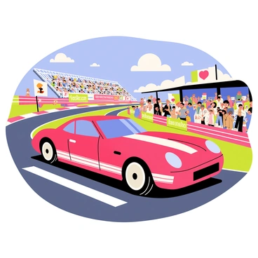 A sleek racing car speeding around a vibrant, bustling racetrack
