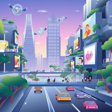 A futuristic cityscape is depicted under a twilight sky filled with hues of purple and blue. Skyscrapers, made of glass and metal, soar into the sky, reflecting the light from various digital holograms that float above the streets. Drones of various sizes zip around, some carrying packages and others capturing aerial footage. The roads below are bustling with vehicles, while people walk on elevated walkways adorned with vibrant advertisements displayed on glowing screens. Lush greenery is integrated into the architecture, with vertical gardens climbing the sides of buildings. The scene conveys a sense of advanced technology and urban life interwoven with nature.