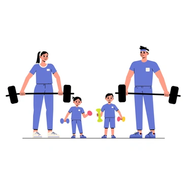 A family of four is engaged in a workout session, each member wearing matching bright blue workout clothes. The parents are on either side, both holding a black barbell with a firm grip, demonstrating proper form while performing barbell curls. The mother has her hair tied back in a ponytail, and the father is wearing a headband. Their two children, a boy and a girl, are mirroring their actions with smaller, colorful dumbbells. The scene captures a lively atmosphere of family bonding through exercise. Each family member is smiling, showcasing their enjoyment of the activity.