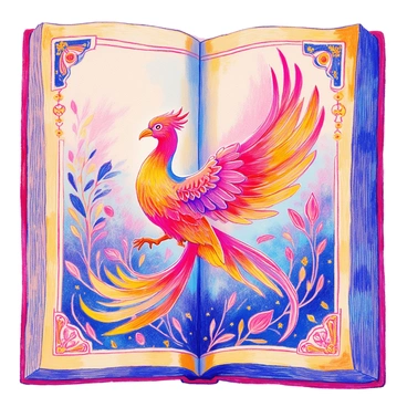 A phoenix is illustrated on the yellowed pages of an ancient mythological book. The bird has vibrant feathers in shades of red, gold, and orange, with intricate patterns etched into its wings, resembling flames. Its eyes are bright and piercing, filled with wisdom. Surrounding the phoenix, the pages are adorned with elaborate borders, featuring mythical symbols and scrollwork. The background of the illustration is filled with subtle textures that enhance the aged look of the book. The entire scene conveys a sense of mystique and power.