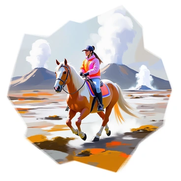 A rider with long hair tied back is seated on a sturdy Icelandic horse, which is trotting confidently across a rugged terrain. The horse has a thick mane and distinctive build, showcasing its strong, muscular form. The landscape surrounding them is dramatic, featuring several towering volcanoes in the background, their rocky slopes contrasting with patches of green and moss. Geysers can be seen in the distance, with plumes of steam rising into the air, creating a dynamic scene. The sky is overcast, lending a moody atmosphere to the natural wonders of this unique environment.
