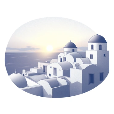 A panoramic view of a Greek island during sunset. The sky is filled with gradients of light as the sun descends on the horizon. White-washed buildings are dotted across the landscape, featuring smooth, rounded edges and intricate architectural details. Some of these buildings have blue-domed roofs that stand out against the soft tones of the sky. The scene captures the essence of the island's serene environment, with the buildings reflecting the fading light of the day.