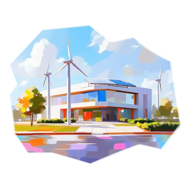 A modern green energy company headquarters featuring a sleek, multi-story building with large glass windows. The roof is adorned with numerous solar panels reflecting sunlight. Surrounding the building are several tall wind turbines, their blades spinning gently in the breeze. Lush greenery and landscaped gardens are present around the premises, emphasizing the company's commitment to sustainability. The scene is set under a clear blue sky, creating a vibrant atmosphere.