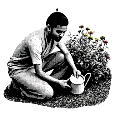 A cartoon character resembling "Vadivelu" is kneeling down in a garden, focused on tending to plants. The character has a distinctive hairstyle and is wearing traditional attire. The garden is filled with a variety of flowers, each displaying unique shapes and patterns, creating a lively atmosphere. The character holds a watering can in one hand, gently watering the colorful flowers. Surrounding the character are lush green leaves and the rich details of the garden’s environment.