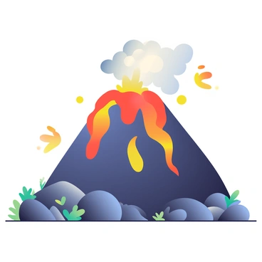 A volcano is erupting, with red-hot molten lava flowing down its sides. The lava glows brightly against the dark, rocky surface of the volcano. Ash clouds billow into the sky, creating a contrast with the vibrant orange and yellow colors of the lava. In the foreground, there are jagged rocks and small plants struggling to survive in the harsh environment. The scene captures the intensity of the eruption, with fiery embers floating in the air around the volcano.