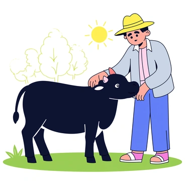 A young carabao with a shiny dark coat stands on a grassy field. The carabao's large, gentle eyes reflect curiosity as it listens attentively. A seasoned farmer, wearing a straw hat and simple clothes, stands beside the carabao, guiding it with a soft touch. The farmer's hand is gently placed on the carabao's neck, establishing a bond of trust. Sunlight filters through the trees in the background, casting a warm glow over the scene. The atmosphere is calm and nurturing, highlighting the connection between the farmer and the young carabao.