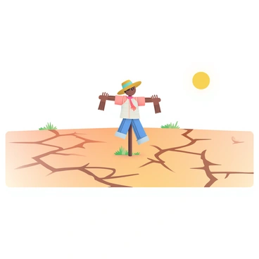 A parched field stretches across the landscape, featuring deep cracks in the dry soil. The sun casts a bright light, illuminating the barren earth. In the center of the field stands a lonely scarecrow, made of weathered wood and old clothes flapping gently in the breeze. The scarecrow has a straw hat perched on its head and its arms outstretched, as if trying to ward off unseen intruders. Surrounding the field are a few sparse tufts of brown grass, adding to the desolate atmosphere.