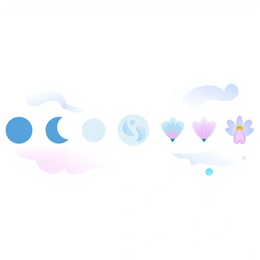 An illustration depicting the phases of the moon arranged from left to right. Each phase displays a distinct moon shape, transitioning from the new moon to the full moon and back. Below the moon phases, a series of moonflowers at different stages of bloom correspond to each moon phase. The moonflower buds begin tightly closed under the new moon, gradually opening as the moon waxes, and fully blooming in a bright, open flower under the full moon. As the moon wanes, the moonflowers gradually close back to their bud state, mirroring the lunar cycle. The background features soft gradient pastel colors enhancing the celestial theme.