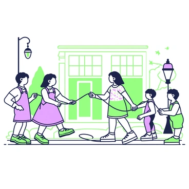 A scene depicting children jumping rope on a cobblestone street. There are two girls, one wearing a dress with a patterned design and the other in overalls. They are focused on the game, with the rope extended between them in motion. A boy is nearby, holding the end of the rope, while another boy watches in anticipation. In the background, there are vintage storefronts with large windows. A lamppost stands on the side of the street, and a few trees are visible. The sky appears overcast, adding to the nostalgic atmosphere of the moment.
