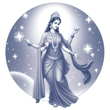 A figure of a goddess, representing Lakshmi, is positioned centrally. She is adorned with intricate jewelry and traditional garments that drape elegantly around her form. Her arms are gracefully extended, with one hand holding a lotus flower and the other hand offering blessings. Surrounding her are patterns of stars and galaxies, creating a dynamic cosmic background filled with swirling shapes. The scene is illuminated by her divine aura, which appears as a radiant glow emanating from her presence, adding a sense of depth and wonder to the composition.