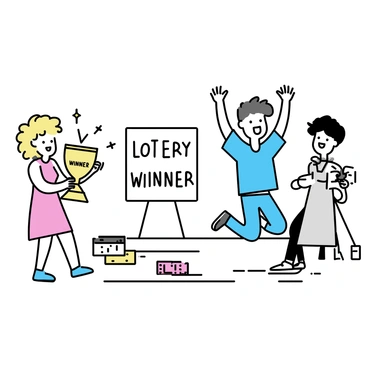 A movie set showing two actors reenacting a lottery win scene. One actor, a man with short brown hair, is jumping up with his arms raised in excitement. He is wearing a blue t-shirt and jeans. The other actor, a woman with curly blonde hair, is standing beside him, holding a gold trophy with the word "WINNER" engraved on it. She is wearing a red dress and is smiling widely. A background crew member can be seen setting up lighting equipment. Props scattered around include colorful lottery tickets and a large sign that says "LOTTERY WINNER."