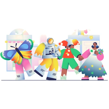Fairgoers are parading down the street, each wearing elaborate and whimsical costumes. One person is dressed as a colorful butterfly, with large, detailed wings spanning outwards, showcasing vibrant hues of blue and yellow. Another fairgoer is adorned in a shining silver astronaut suit, complete with a helmet reflecting the sun. A group of performers wears matching jester outfits, featuring bright red and green colors, with large, floppy hats adorned with bells. Nearby, a woman is twirling in a flowing, flower-patterned gown, with petals stitched onto the fabric, while she holds a bouquet of oversized, felt flowers. The atmosphere is lively as people cheer and enjoy the parade, with flags and banners in the background adding to the festive scene.
