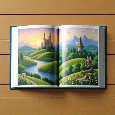 An open storybook laying flat on a wooden table. The pages are filled with beautifully illustrated landscapes, showcasing rolling hills with vibrant green grass, sparkling rivers winding through valleys, and mystical forests shrouded in a soft, ethereal glow. On the left page, a majestic castle towers against a backdrop of a sunset sky, colors blending from deep orange to soft purple. The right page features whimsical characters, such as a fairy with shimmering wings and a friendly dragon curled up beside a blooming flower. The illustrations are rich in detail, with each element inviting the viewer into the enchanting world of the story.