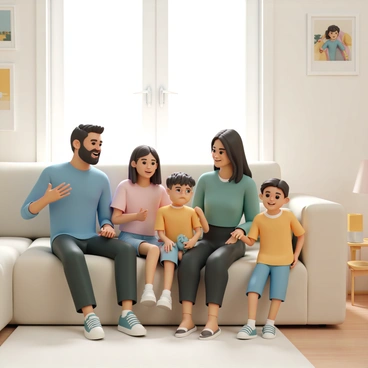 A family of four is gathered in a cozy living room, sitting comfortably on a large, soft beige sofa. The father, wearing a blue shirt and dark jeans, gestures animatedly while smiling. The mother, dressed in a green blouse and black pants, listens intently with a warm expression. Their teenage daughter, in a pink t-shirt and denim shorts, looks thoughtful as she considers her father's points. The young son, wearing a yellow shirt and blue shorts, smiles widely, holding onto a plush toy. The room is filled with natural light streaming in from a window adorned with light curtains, and family photos decorate the walls, creating a welcoming atmosphere.