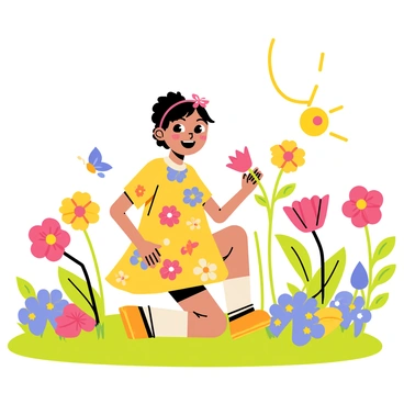 A little girl wearing a bright, colorful sundress with patterns of flowers and butterflies is playing in a vibrant garden. The garden is filled with an array of blooming flowers in various colors, including red roses, yellow daisies, and blue hydrangeas. Green leafy plants surround her, and a small butterfly flutters nearby. The sun casts a warm glow over the scene, enhancing the colors of the flowers and the girl's dress. She is kneeling on the grass, reaching out to touch a flower with a joyful expression on her face.