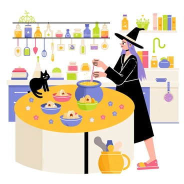 A witch with long, flowing purple hair wearing a black dress is baking enchanted treats in a whimsical kitchen. The kitchen features a large, round wooden table covered with colorful bowls filled with various magical ingredients like sparkling sugar and glowing herbs. Above the table, there is a playful assortment of hanging jars filled with vibrant potions. The walls are decorated with quirky shelves displaying unique, twisted utensils and whimsical cookbooks. A black cat is perched on the countertop, watching the witch as she stirs a bubbling cauldron filled with a glowing mixture. Enchanted treats in the shape of stars and moons are scattered around the table, some sparkling with magical energy.