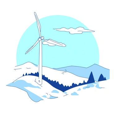 A white wind turbine stands tall in a snowy landscape, its blades turning gracefully. The surrounding ground is covered in a thick blanket of white snow, glistening in the pale winter sun. In the background, there are gently rolling hills, also blanketed in snow. The sky above is a soft blue, with a few wispy clouds drifting lazily. The scene conveys a sense of tranquility and the beauty of winter energy production.