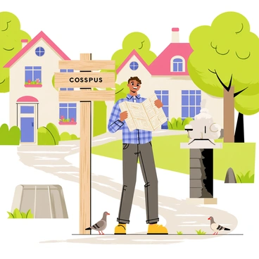 A man with short brown hair wearing a blue plaid shirt stands at a wooden crossroads sign in a quaint village. He holds an unfolded map in his hands, intently studying it. The village features cobblestone streets and charming cottages with colorful flower boxes in the windows. Lush green trees surround the area, adding to the serene atmosphere. A small stone well is visible to the side, and a few pigeons peck at the ground nearby, enhancing the scene's liveliness.
