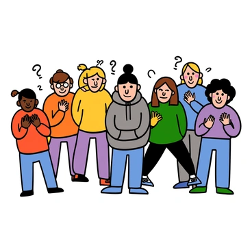 A young person with light skin and short black hair standing in the middle of two groups. On the left, a group of four individuals with mischievous expressions, wearing colorful clothing and playful poses. On the right, a group of three individuals with friendly smiles, wearing casual outfits and relaxed stances. The young person is wearing a stylish hoodie and jeans, looking slightly surprised by the contrasting attitudes around them. The scene suggests a playful tension between the two groups.