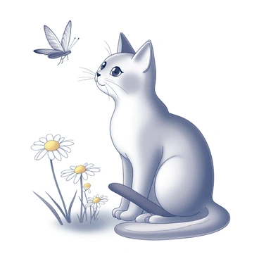 A cat with soft fur and alert ears is sitting on its haunches. Its eyes are fixated on a butterfly that is gracefully fluttering nearby. The butterfly has delicate wings with intricate patterns. Surrounding the cat is a patch of daisies, characterized by their round white petals and yellow centers. The scene conveys a sense of curiosity as the cat watches the butterfly move among the flowers.