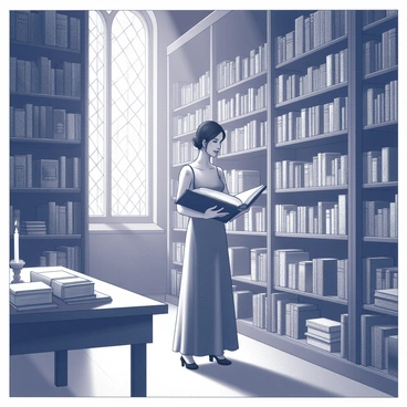 A woman is standing in an old library filled with tall, wooden bookshelves that reach the ceiling. She is dressed in a long, flowing dress and is holding a large, ancient book open in front of her. Dust motes are visible in the air, illuminated by light streaming in through a stained-glass window. The shelves are packed with various books, some with faded titles and ornate covers. Several books have fallen to the floor, adding to the sense of age and neglect. A large wooden table is nearby, cluttered with additional tomes and a flickering candle. The atmosphere feels secretive, inviting exploration of the hidden knowledge within the library.